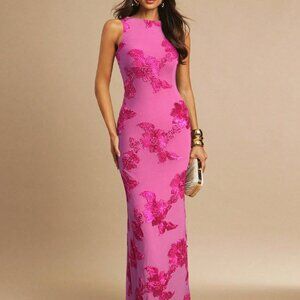 Hot Pink Elegant Women's 3d Floral Fitted Minimalist Sexy Dress